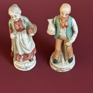 Pair of Vintage Porcelain Figurines in Cream, Rust, and Teal